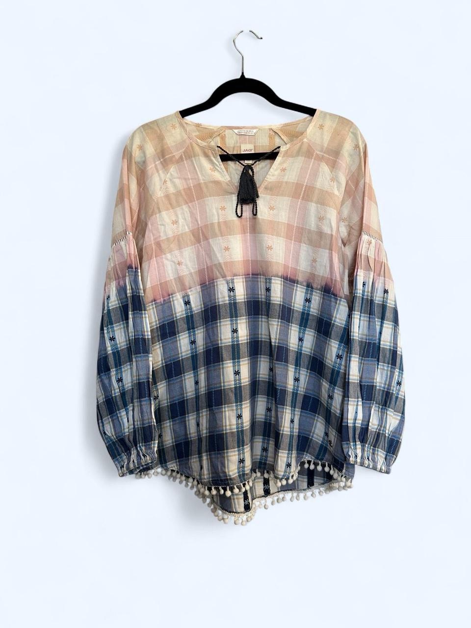 Jag Nwt Mixed Plaid Ombre Peasant Top With Pom Trim - Pink & Blue - Xs